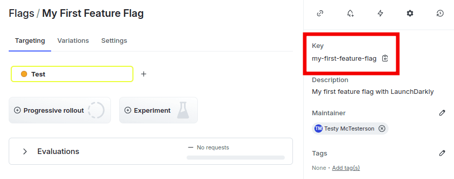 The menu for your first feature flag illustrating the location of the feature flag key.