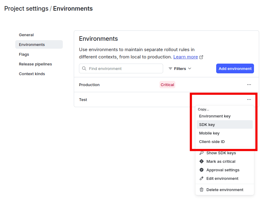The "Environments" page in LaunchDarkly with the overflow menu for an environment displayed.