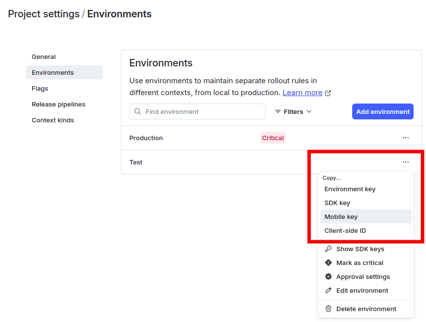 The "Environments" page in LaunchDarkly with the overflow menu for an environment displayed.