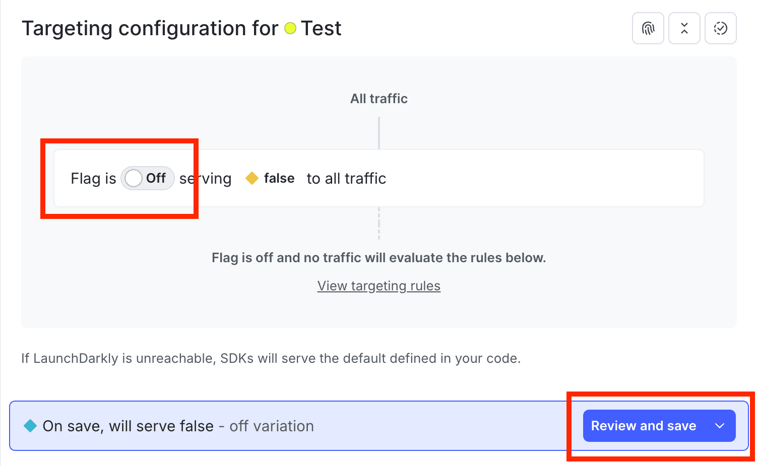 The menu for the feature flag, with the toggle to turn the flag off called out.